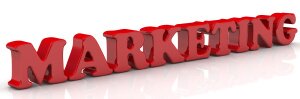 Маркетинг (marketing). Красное слово на светлой поверхности